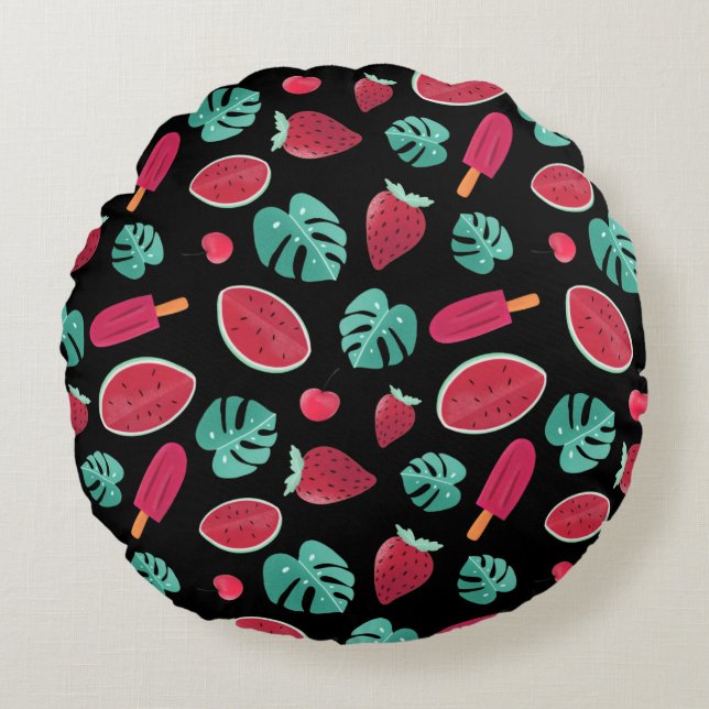 Popsicle, Cherry, Strawberry & Watermelon Round Pillow (Front)
