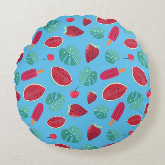 Popsicle, Cherry, Strawberry & Watermelon Round Pillow (Front)