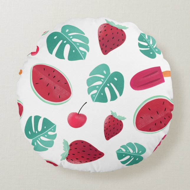 Popsicle, Cherry, Strawberry & Watermelon Round Pillow (Front)