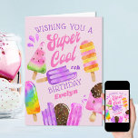 Popsicle Custom Age Girl Super Cool Birthday Card<br><div class="desc">Personalized Popsicle Birthday Card for a special girl. This colourful design features watercolor popsicles and chocolate dipped ice creams on sticks. The wording reads "wishing you a super cool #th birthday [name]" in whimsical typography and retro hand lettering. The template is set up for you to customize with any age,...</div>