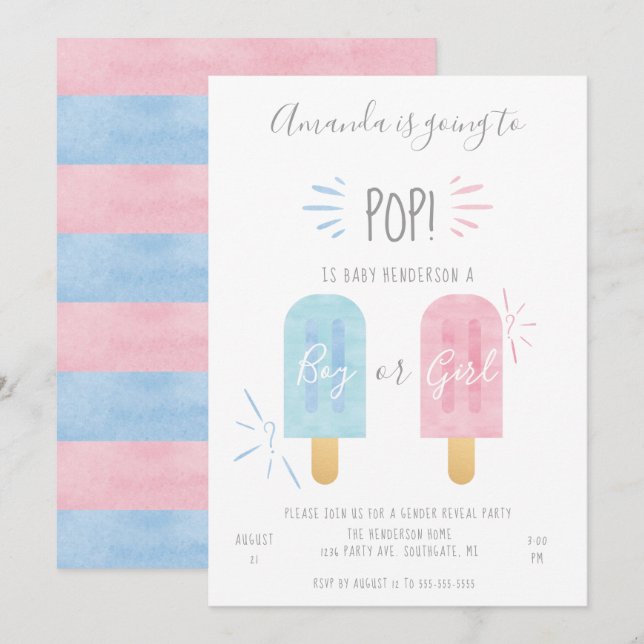 Popsicle Gender Reveal Invitation, Boy or Girl Invitation (Front/Back)