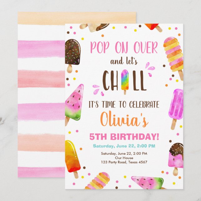 Popsicle Ice Cream Birthday Summer Pool Party Invitation (Front/Back)