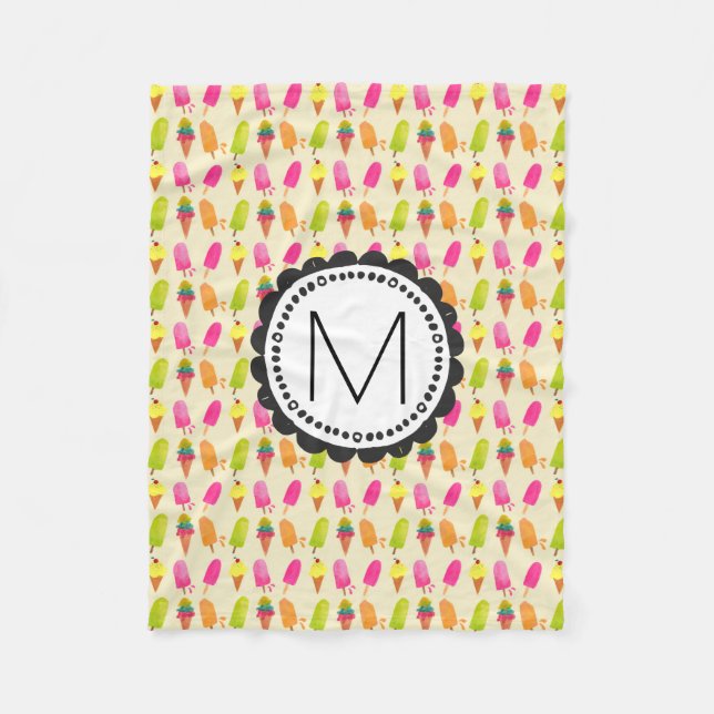 Popsicles and Ice Cream Cones Custom Monogram Fleece Blanket (Front)