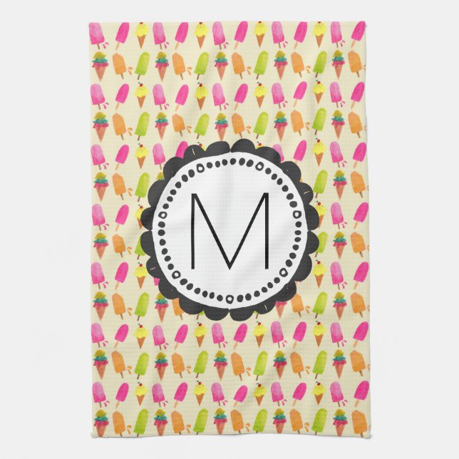 Popsicles and Ice Cream Cones Custom Monogram Kitchen Towel (Vertical)