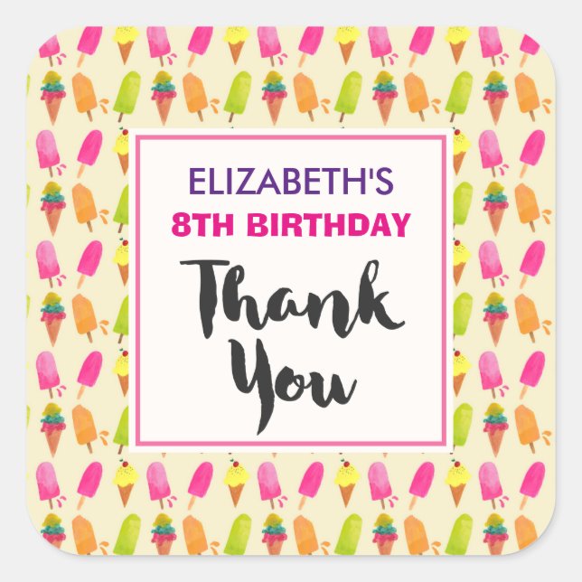 Popsicles and Ice Cream Pattern Birthday Thanks Square Sticker (Front)