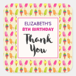 Popsicles and Ice Cream Pattern Birthday Thanks Square Sticker