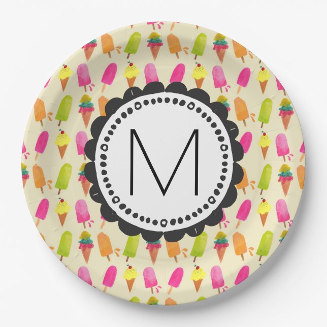 Popsicles and Ice Cream Personalized Monogram Paper Plate (Front)