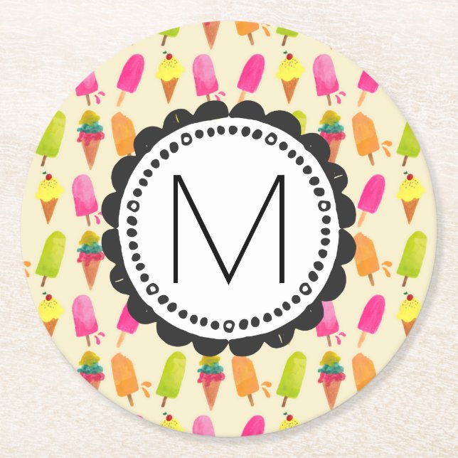 Popsicles and Ice Cream Personalized Monogram Round Paper Coaster (Front)
