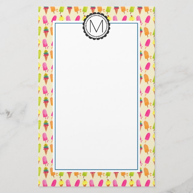 Popsicles and Ice Cream Personalized Monogram Stationery (Front)