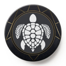 Dessin géométrique noir et doré et tortue blanche