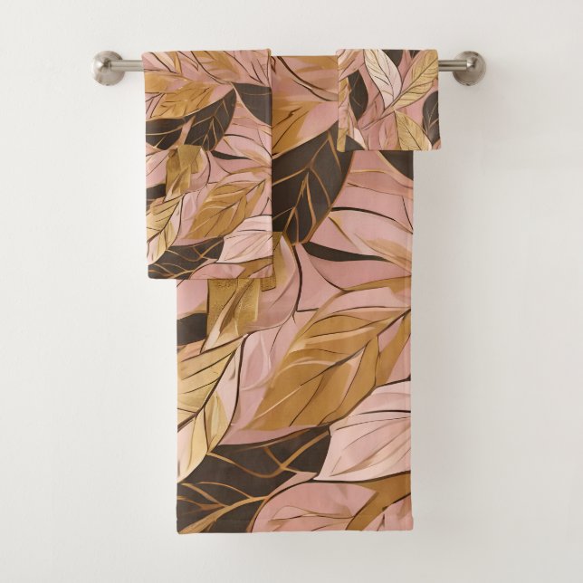 Popular Blush Pink Gold Boho Leaves Collection Bath Towel Set (Insitu)