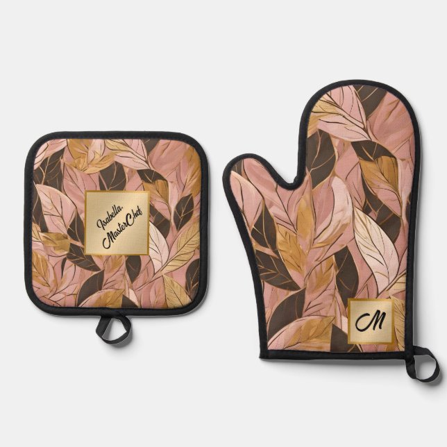 Popular Blush Pink Gold Boho Leaves Collection Oven Mitt & Pot Holder Set (Front)