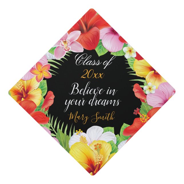 Popular Exotic Floral Customize Black Graduation Cap Topper (Front)