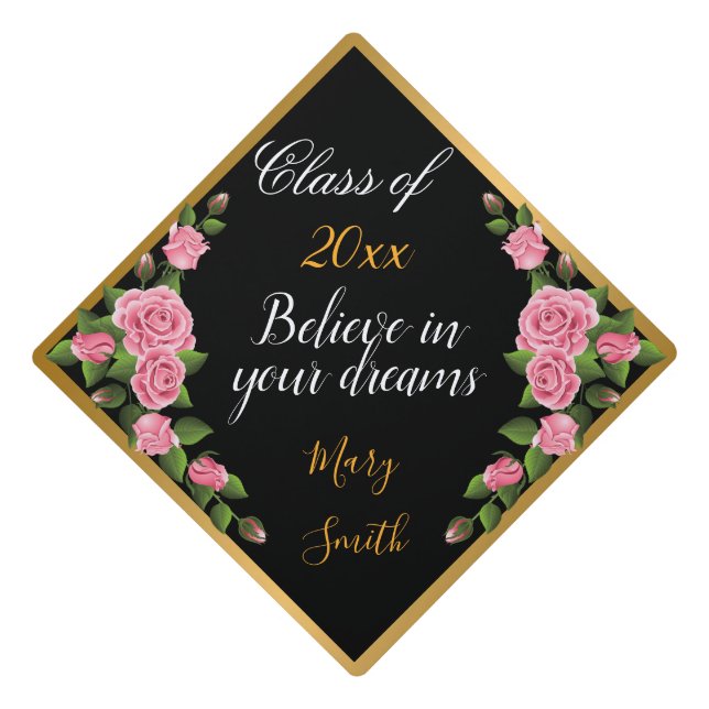 Popular Floral Customize Black Gold Graduation Cap Topper (Front)