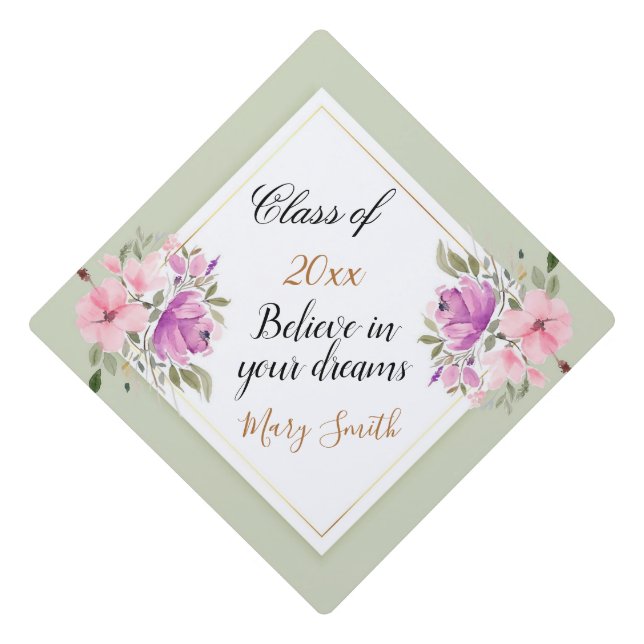 Popular Floral Customize Pink Purple Graduation Cap Topper (Front)