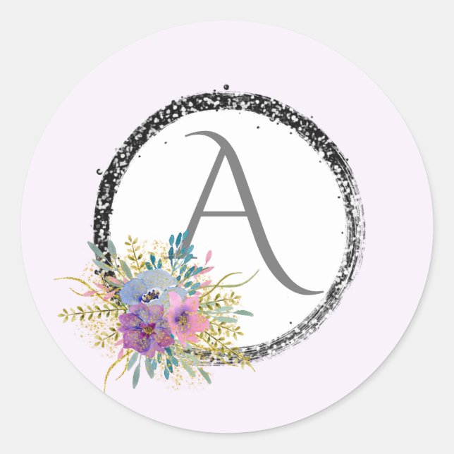 *~* Popular Girly Floral Glitter Monogram Initial Classic Round Sticker (Front)