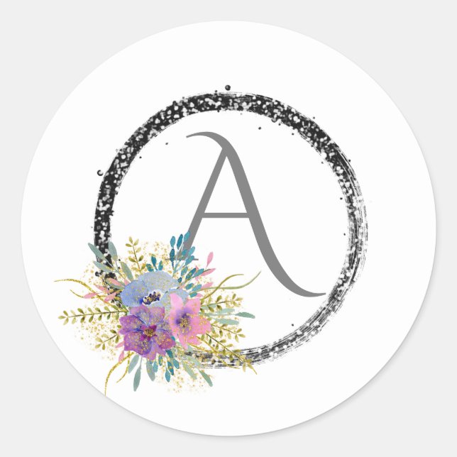 *~* Popular Girly Glitter Initial Monogram  Floral Classic Round Sticker (Front)