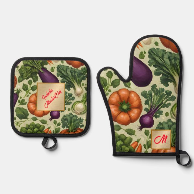 Popular Happy Vegetables Healthy Food Collection Oven Mitt & Pot Holder Set (Front)