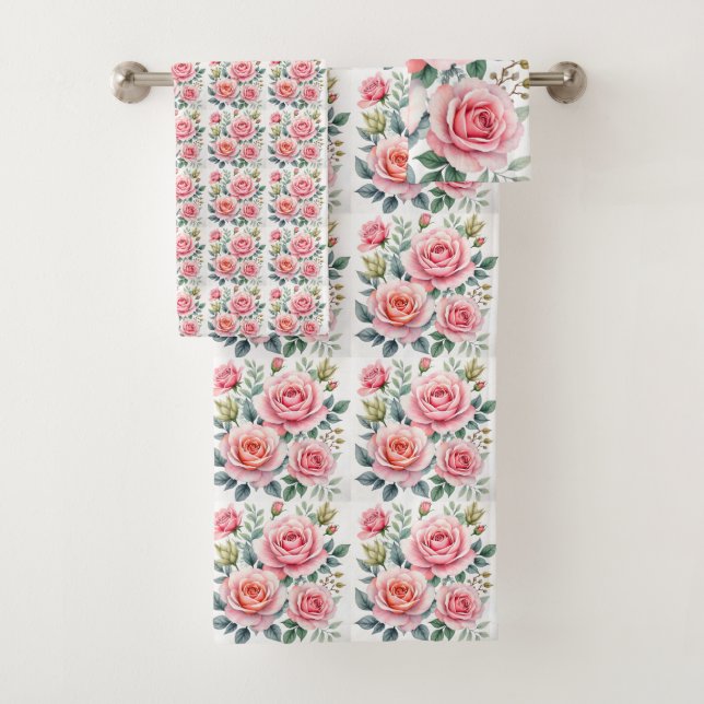 Popular Luxury Pink Roses Beautiful Collection Bath Towel Set (Insitu)