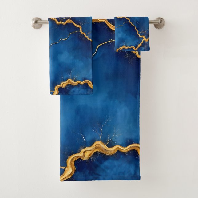 Popular Royal Blue Gold Marble Collection Bath Towel Set (Insitu)