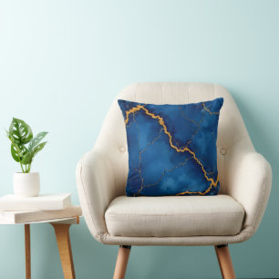 Popular Royal Blue Gold Marble Collection Throw Pillow