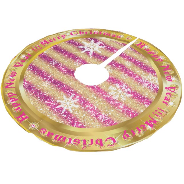 Popular Snowflake Gold Glitter Pink Brushed Polyester Tree Skirt (Angled)