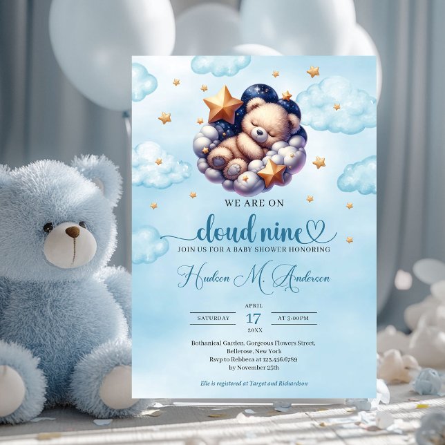 Popular teddy bear cloud nine Boy Baby Shower Invitation (we are on cloud nine sleeping teddy bear boy baby shower invitation)