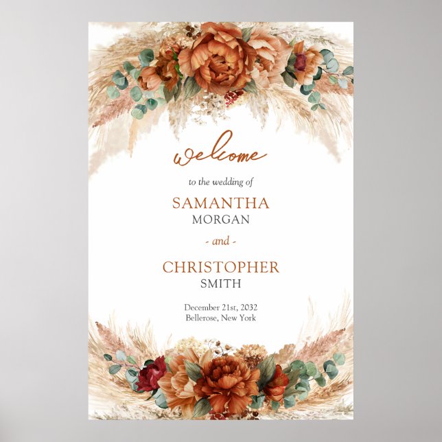 Popular terracotta deep red floral sage Welcome Poster (Front)