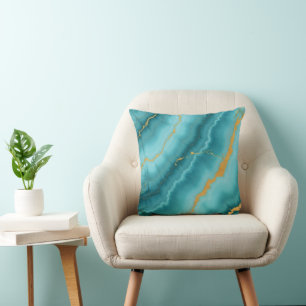 Popular Turquoise Blue Gold Marble Collection Throw Pillow