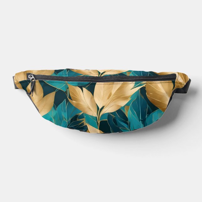 Popular Turquoise Gold Boho Leaves Collection Fanny Pack (Lay Down)