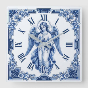 Porcelain Angel Art Deco Blue and White Square Wall Clock