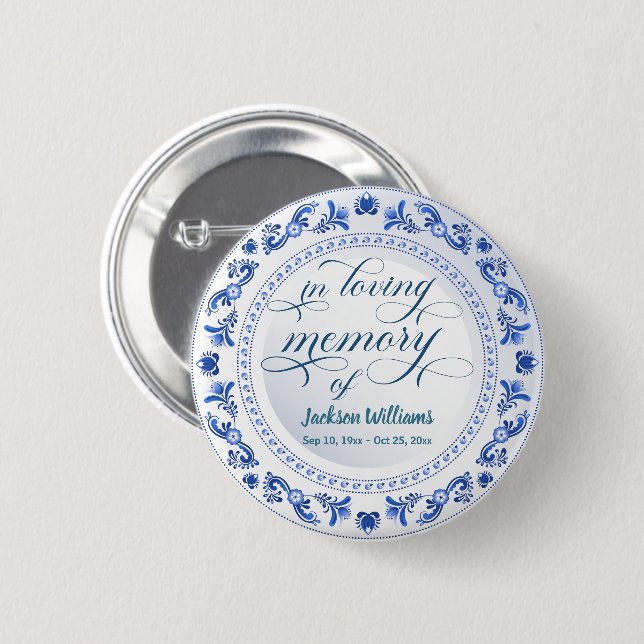Porcelain Blue Floral Funeral Keepsake 2 Inch Round Button (Front & Back)