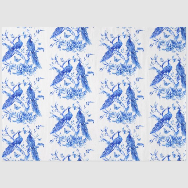 Porcelain Blue Peacocks Decoupage  Tissue Paper (Front)