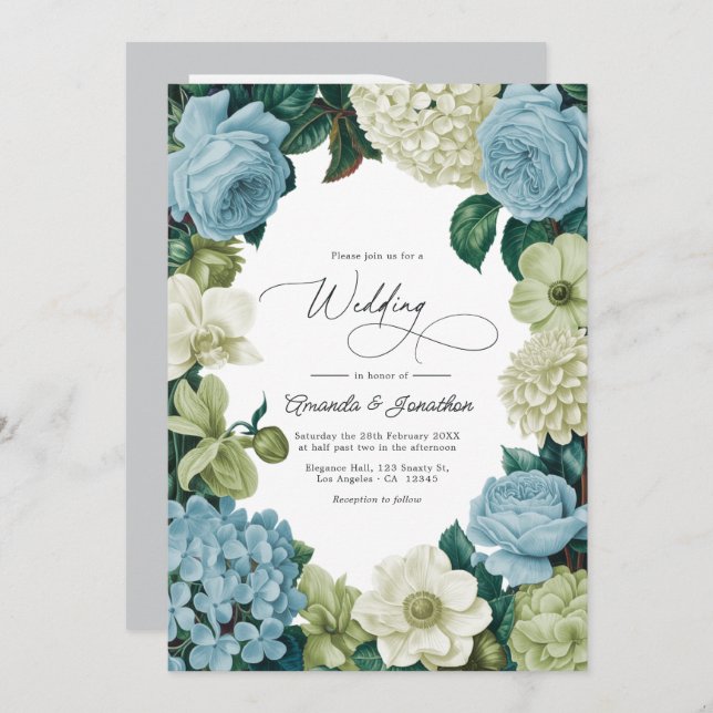 Porcelain Blue, Soft Sage & Ivory Wedding Invitation (Front/Back)