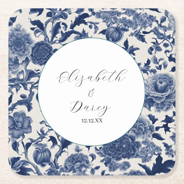 Porcelain Elegance: Blue Floral Wedding Square Paper Coaster (Front)