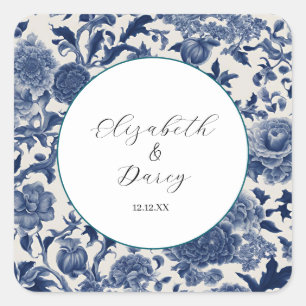 Porcelain Elegance: Blue Floral Wedding Square Sticker