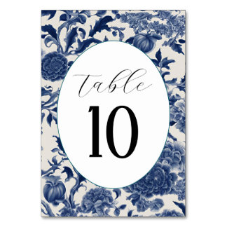 Porcelain Elegance: Blue Floral Wedding Table Number