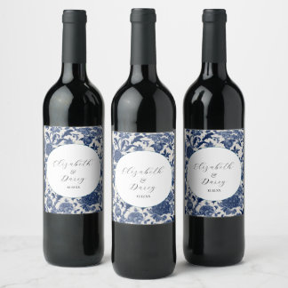 Porcelain Elegance: Blue Floral Wedding Wine Label