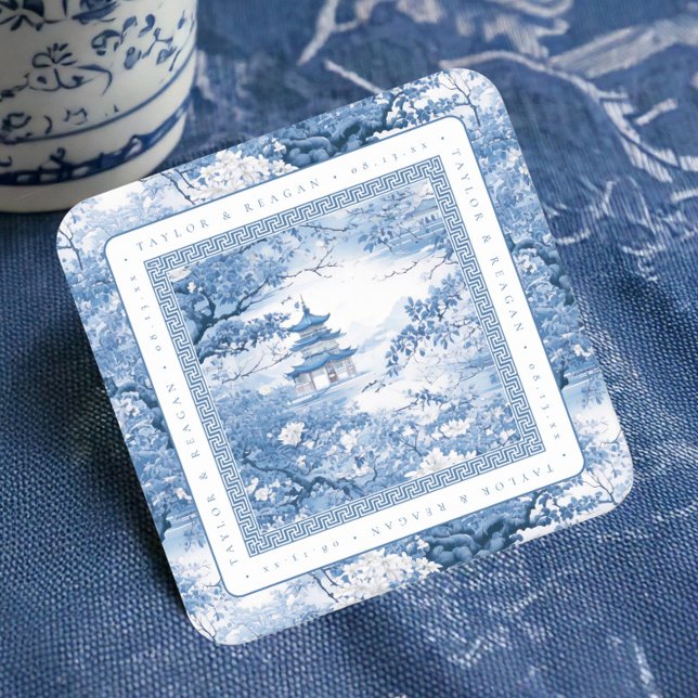 Porcelain-Inspired Chinoiserie Wedding ID1094 Square Paper Coaster (Creator Uploaded)