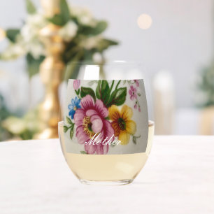 Porcelain Inspired Floral Drinkware Set Stemless Wine Glass
