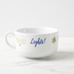 Porcelain Mug Personalize "Elegant Menorah"<br><div class="desc">Personalize your "Elegant Menorah" by changing out text. Choose your favourite font style, colour, size, and wording. Menorahs and stars can be resized and moved. Background colour can be added. Happy Chanukah/Hanukkah! Enjoy!!! Thanks for stopping and shopping by. Much appreciated!!! Style: Soup Mug Make mealtime more fun with a custom...</div>