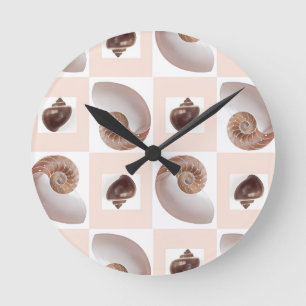 Porcelain Seashell Chequerboard Pattern Peach Round Clock