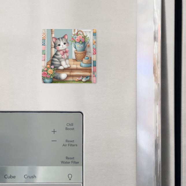 Porch Kitty Floral Patchwork Scene Magnet (In Situ (Fridge))
