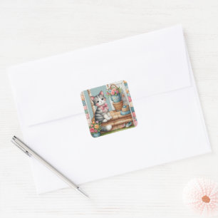 Porch Kitty Floral Patchwork Scene Square Sticker