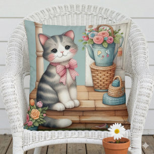 Porch Kitty Floral Patchwork Scene Throw Pillow