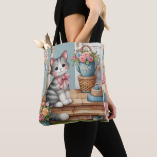 Porch Kitty Floral Patchwork Scene Tote Bag