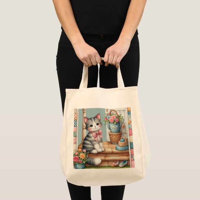 Porch Kitty Floral Patchwork Scene Tote Bag (Front (Product))