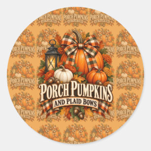 Porch Pumpkins Plaid Bows Autumn Cottagecore Classic Round Sticker