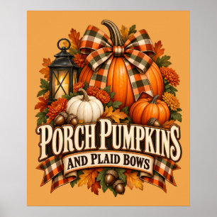 Porch Pumpkins Plaid Bows Autumn Cottagecore Poster