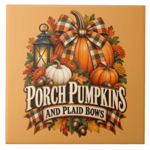 Porch Pumpkins Plaid Bows Autumn Cottagecore Tile